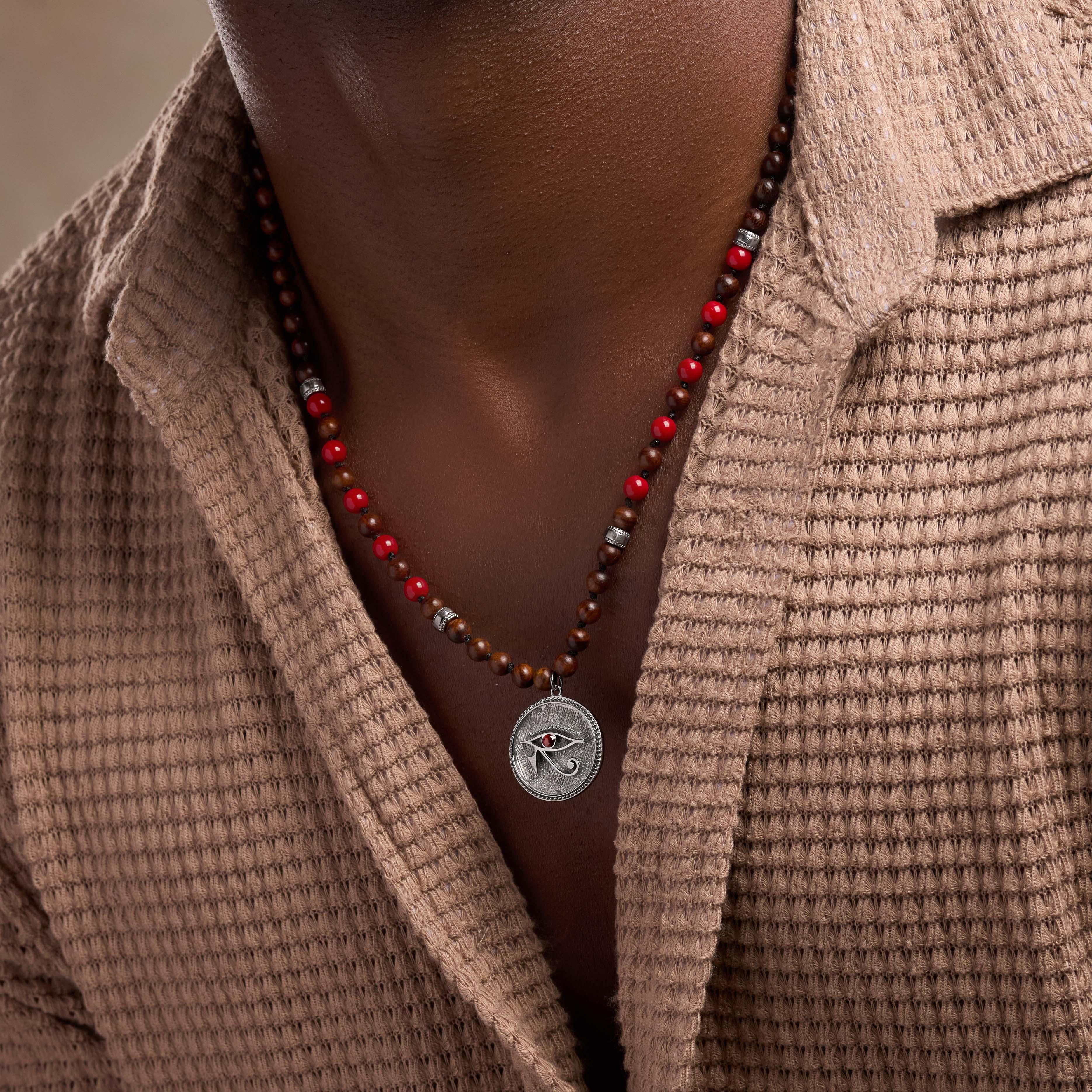 Ancestral Guard Wood & Coral Eye of Horus Charm Silver Necklace - Image 2