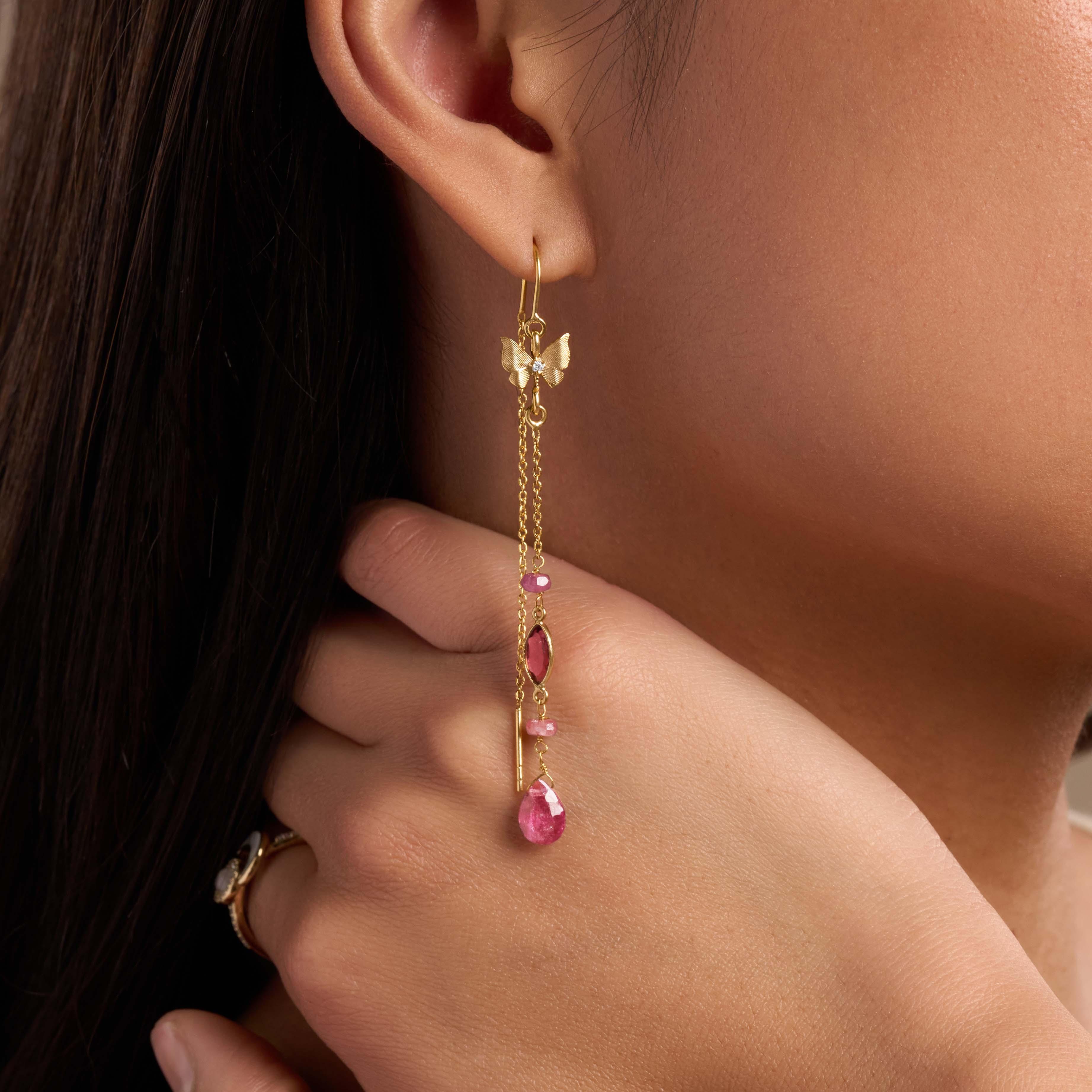 Zen Mindset Tourmaline Butterfly Gold Drop Earrings - Image 2