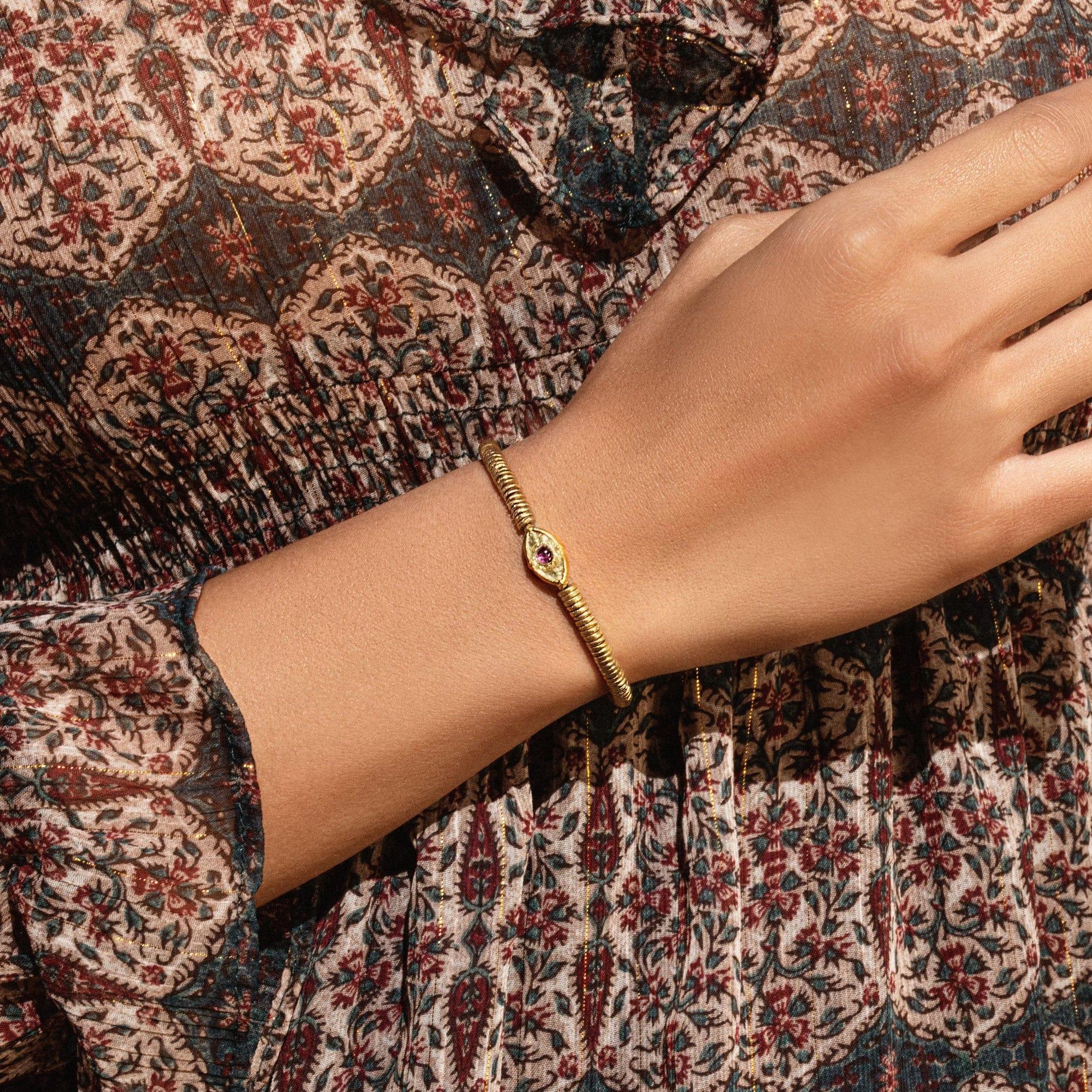 Calming Reflection - Evil Eye Amethyst Gold Heishi Bracelet - Image 2