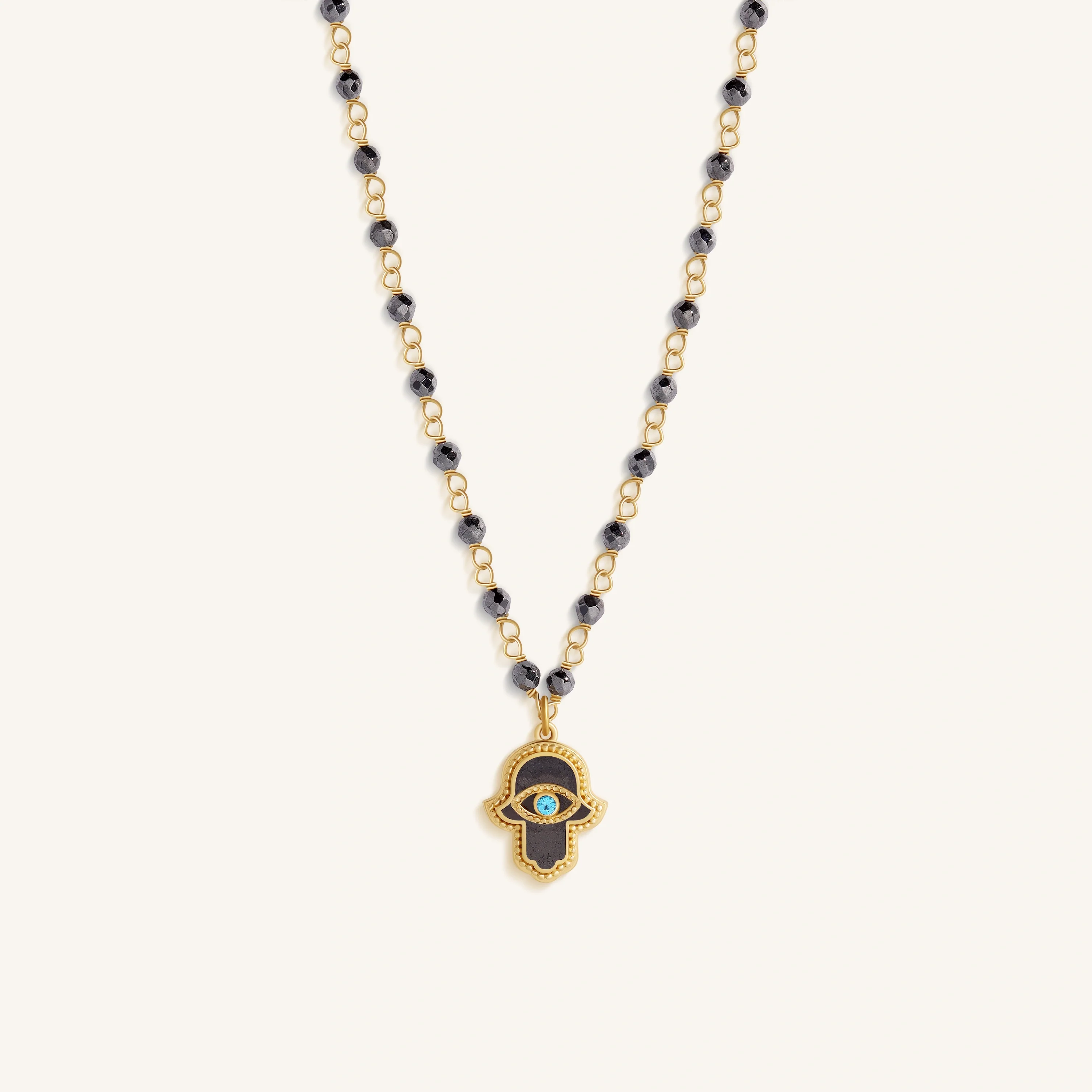 Celestial Flow Hamsa Hematite & Aquamarine Necklace