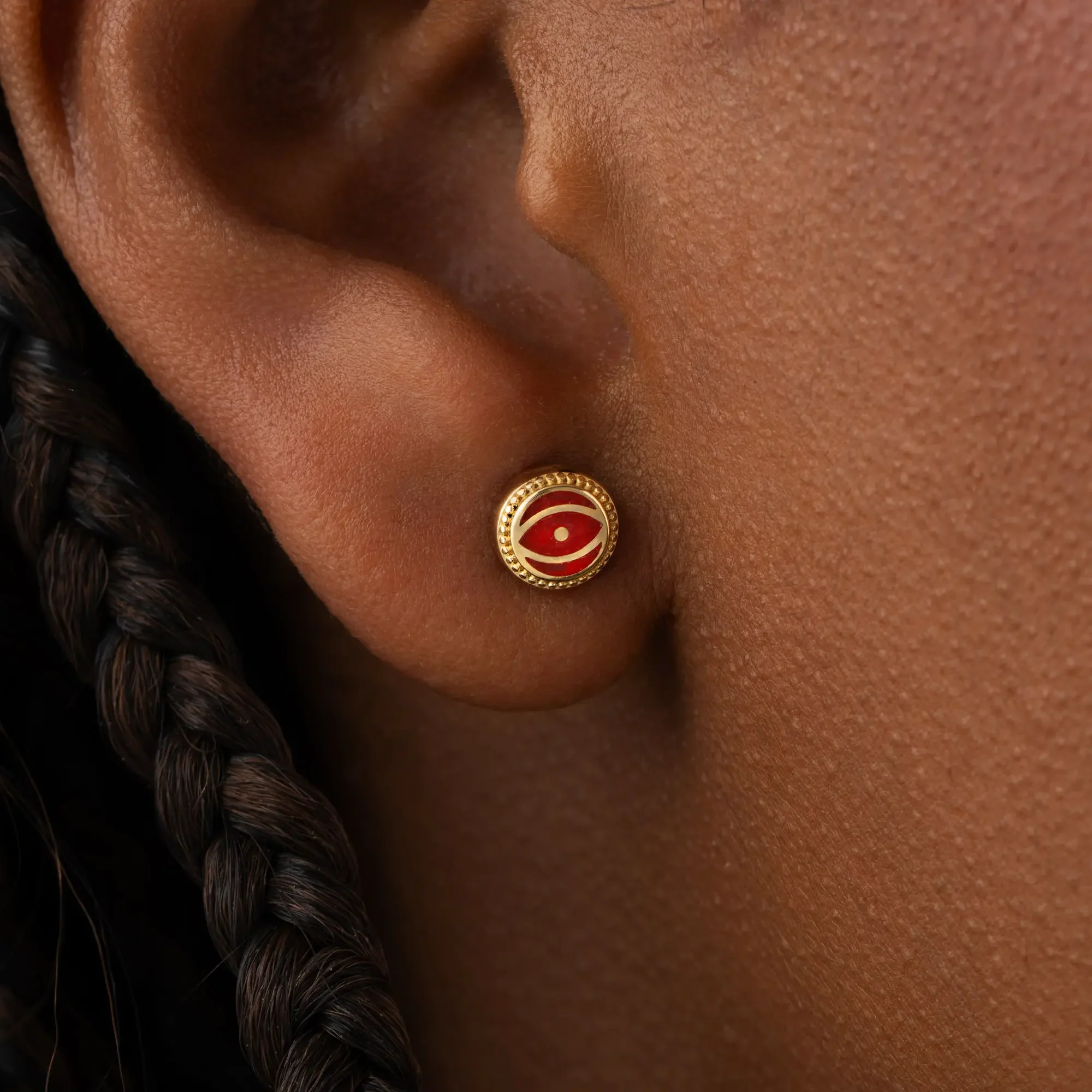 Crimson Guardian Ruby Jade July Birthstone Evil Eye Gold Stud Earrings - Image 2