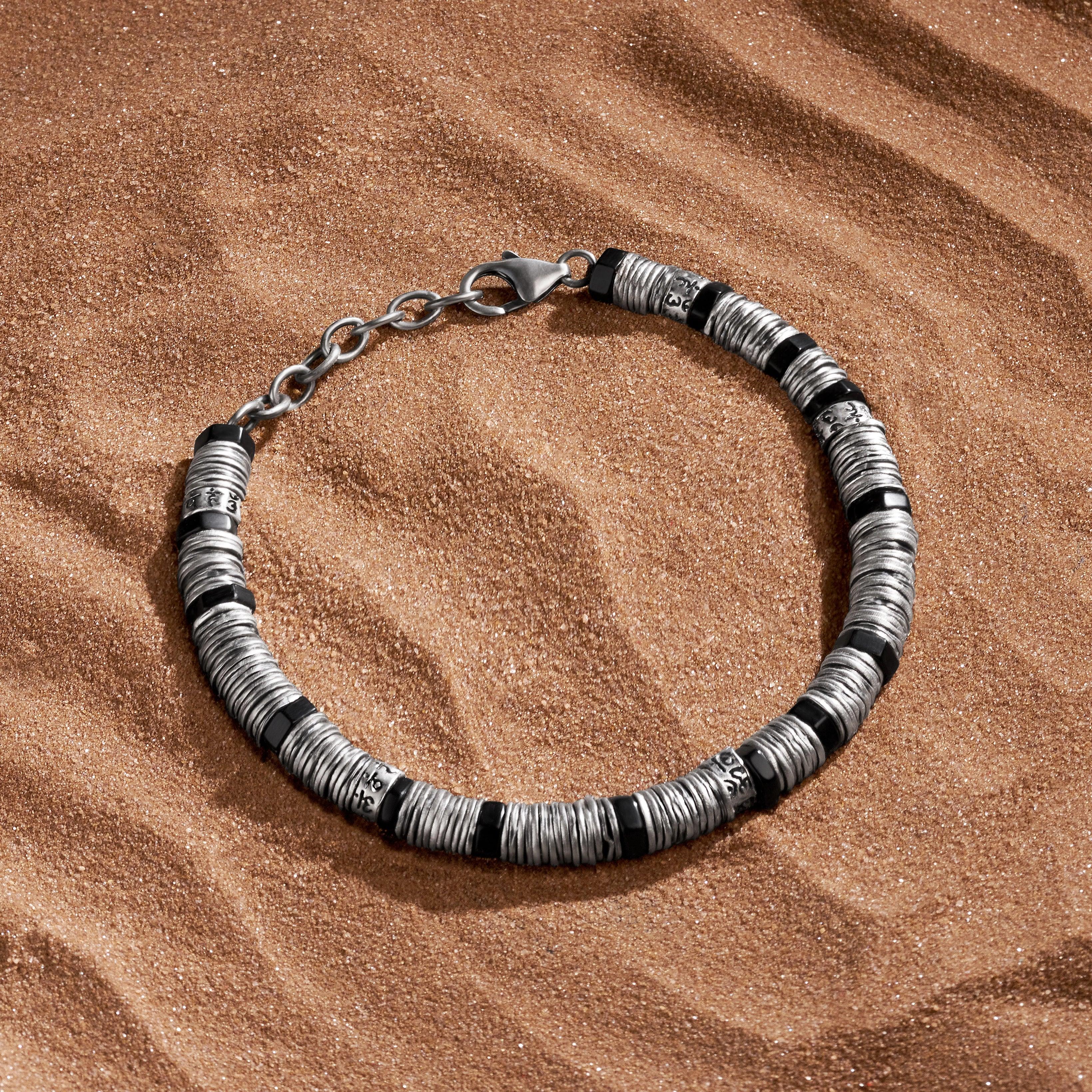 Defined Balance Silver Heishi & Mantra Onyx Bracelet