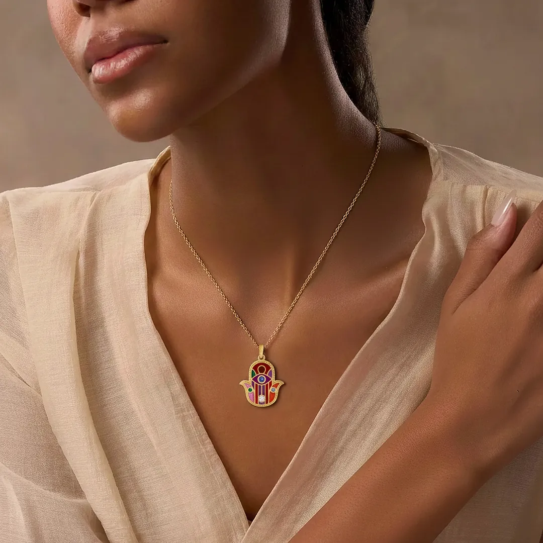 Divine Aura Multi-Gemstone Hamsa Charm Necklace - Image 2