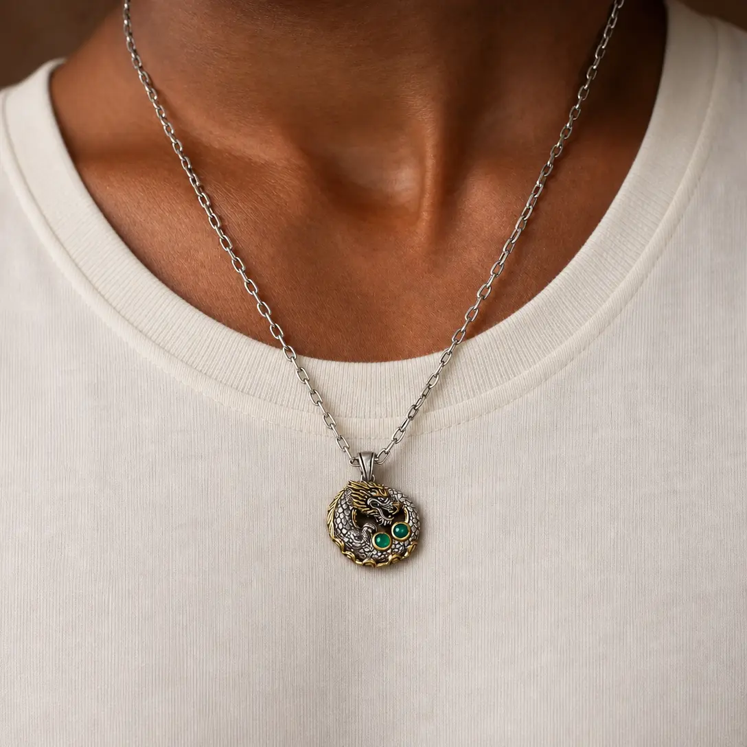 Dragon’s Fortune Sterling Silver Jade Pendant Necklace - Image 2
