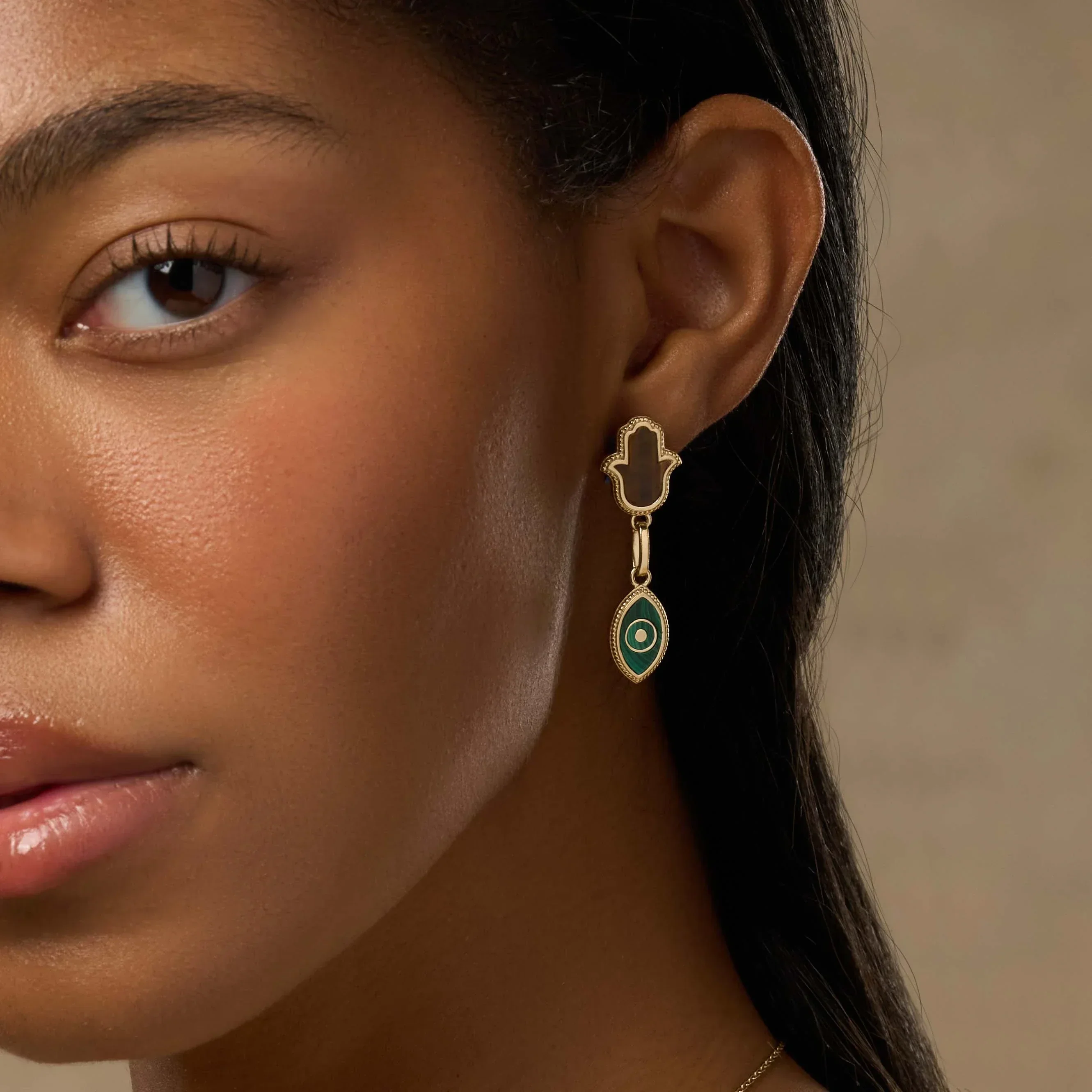 Dreams Secured Tigerās Eye & Malachite Hamsa & Evil Eye Earrings - Image 2