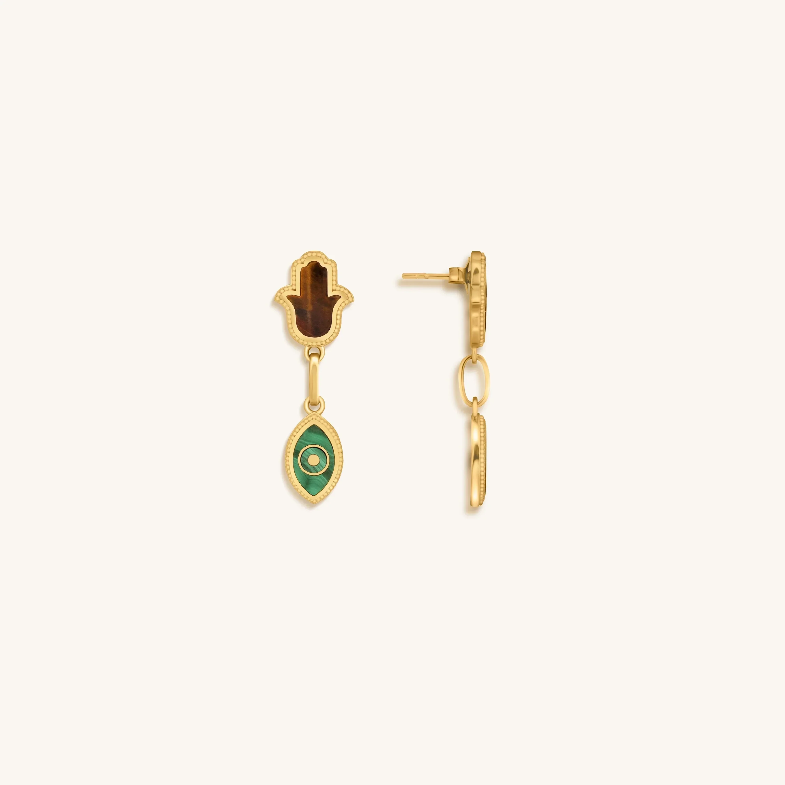 Dreams Secured Tigerās Eye & Malachite Hamsa & Evil Eye Earrings - Image 3
