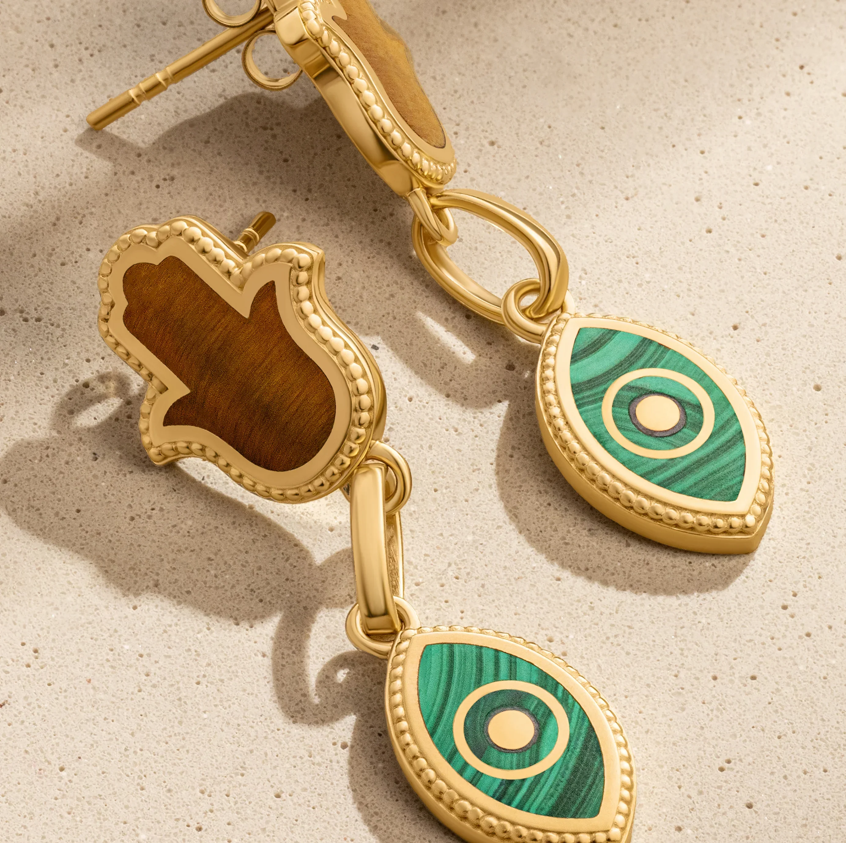 Dreams Secured Tigerās Eye & Malachite Hamsa & Evil Eye Earrings - Image 5