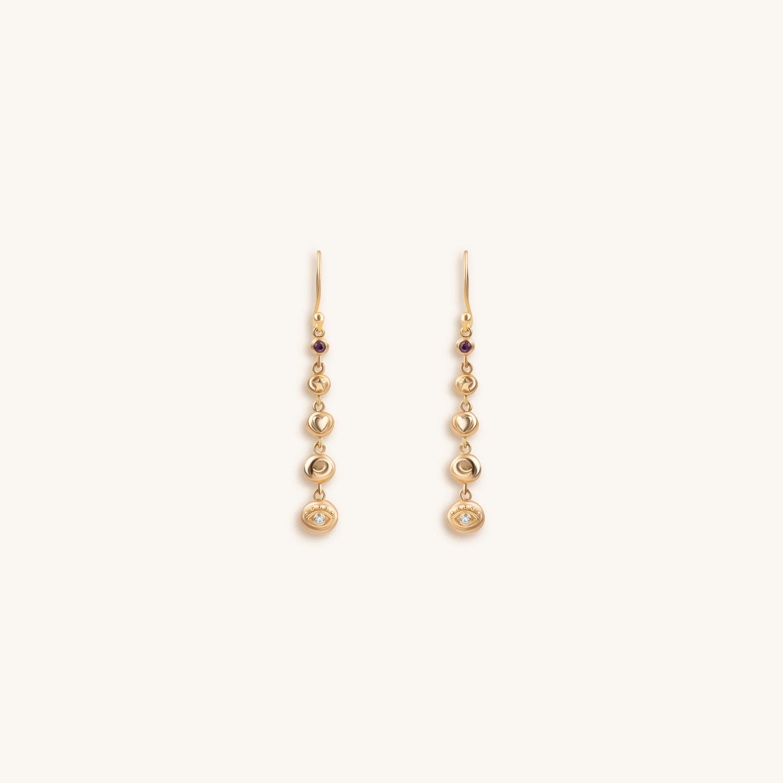 Essential Divinity - Multi Symbol Amethyst Drop Earrings