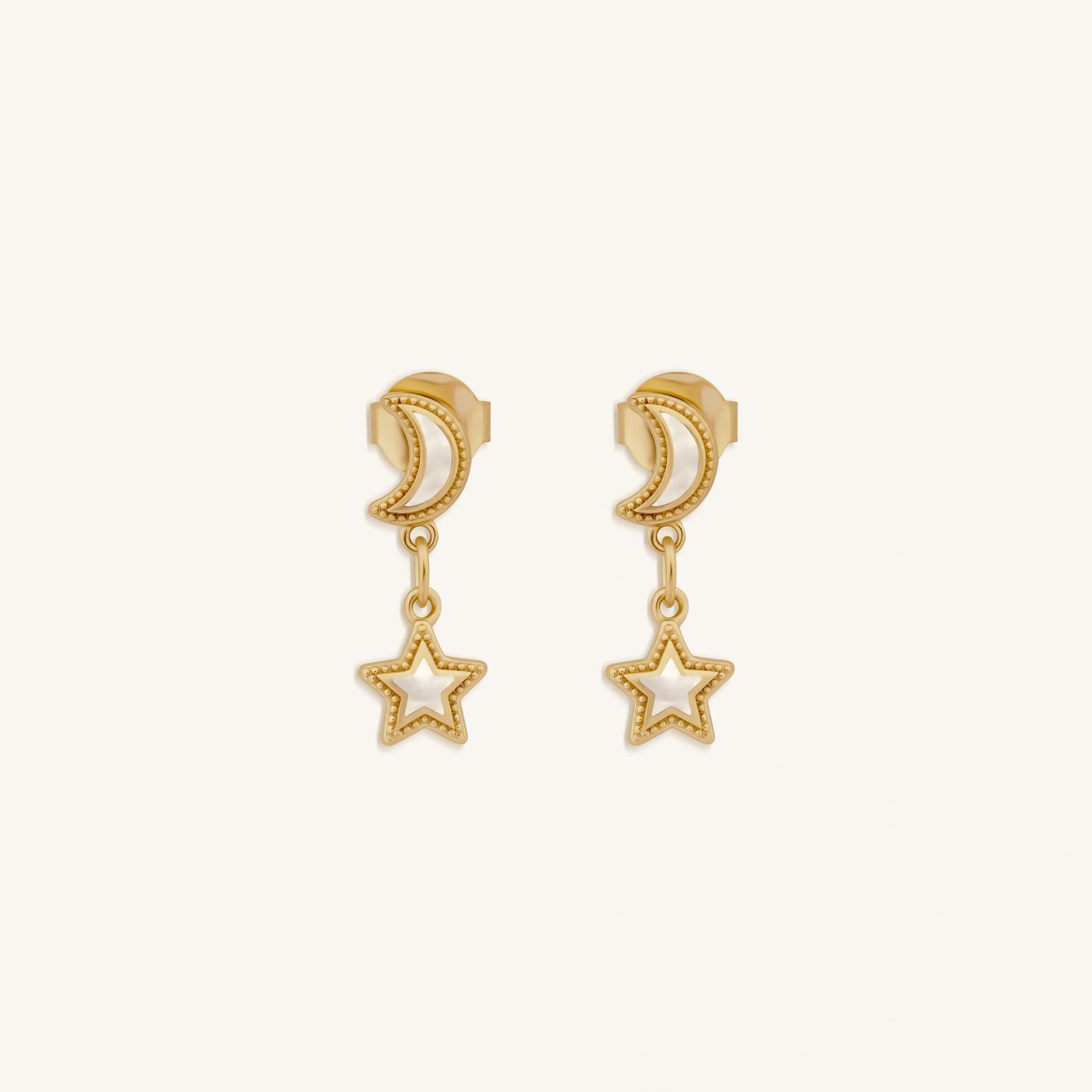 Ethereal Glow Rainbow Moonstone Moon & Star Gold Earrings