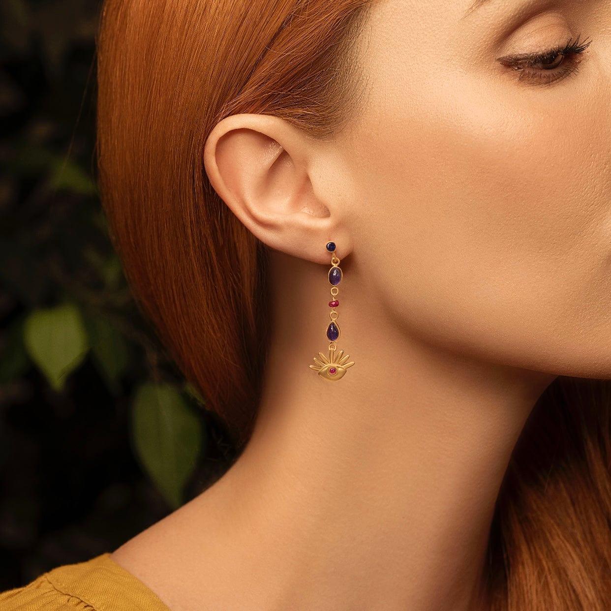 Fiery Intuition - Amethyst & Ruby Evil Eye Drop Earrings - Image 2