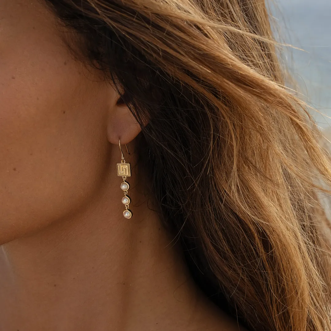 Graceful Harmony Pearl Greek Key Earrings - Image 2
