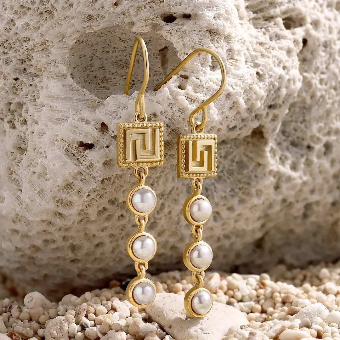 Graceful Harmony Pearl Greek Key Earrings - Image 4
