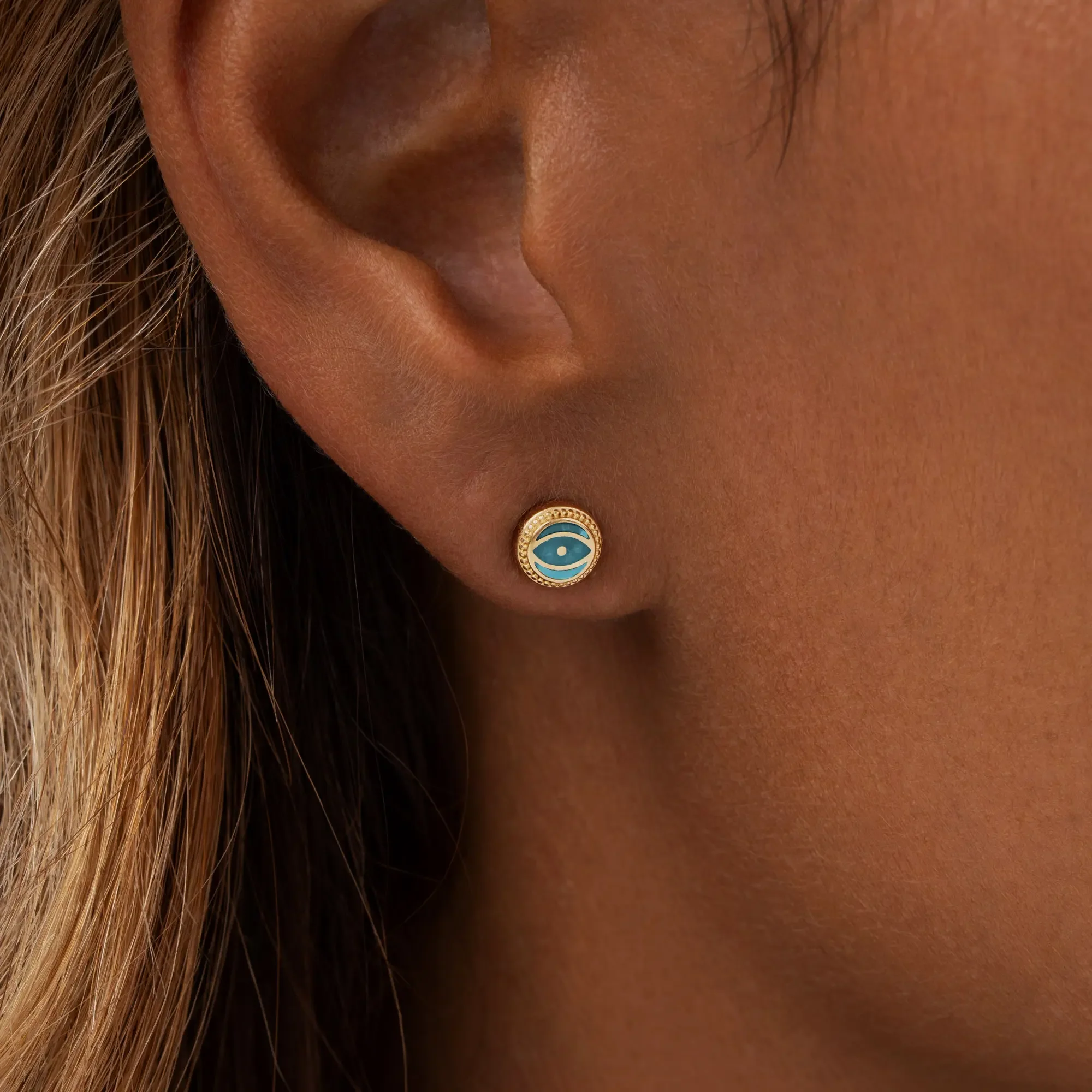 Guardian’s Whisper Turquoise December Birthstone Evil Eye Gold Stud Earrings - Image 2