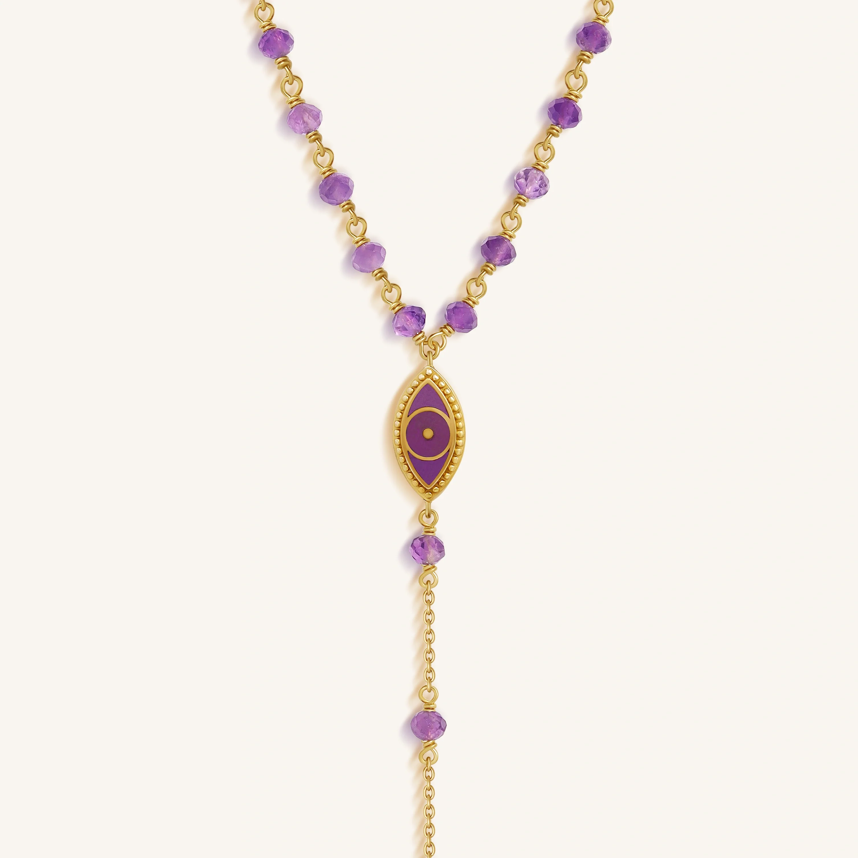Guardian Spirit Amethyst Hamsa & Evil Eye Gold Necklace - Image 3