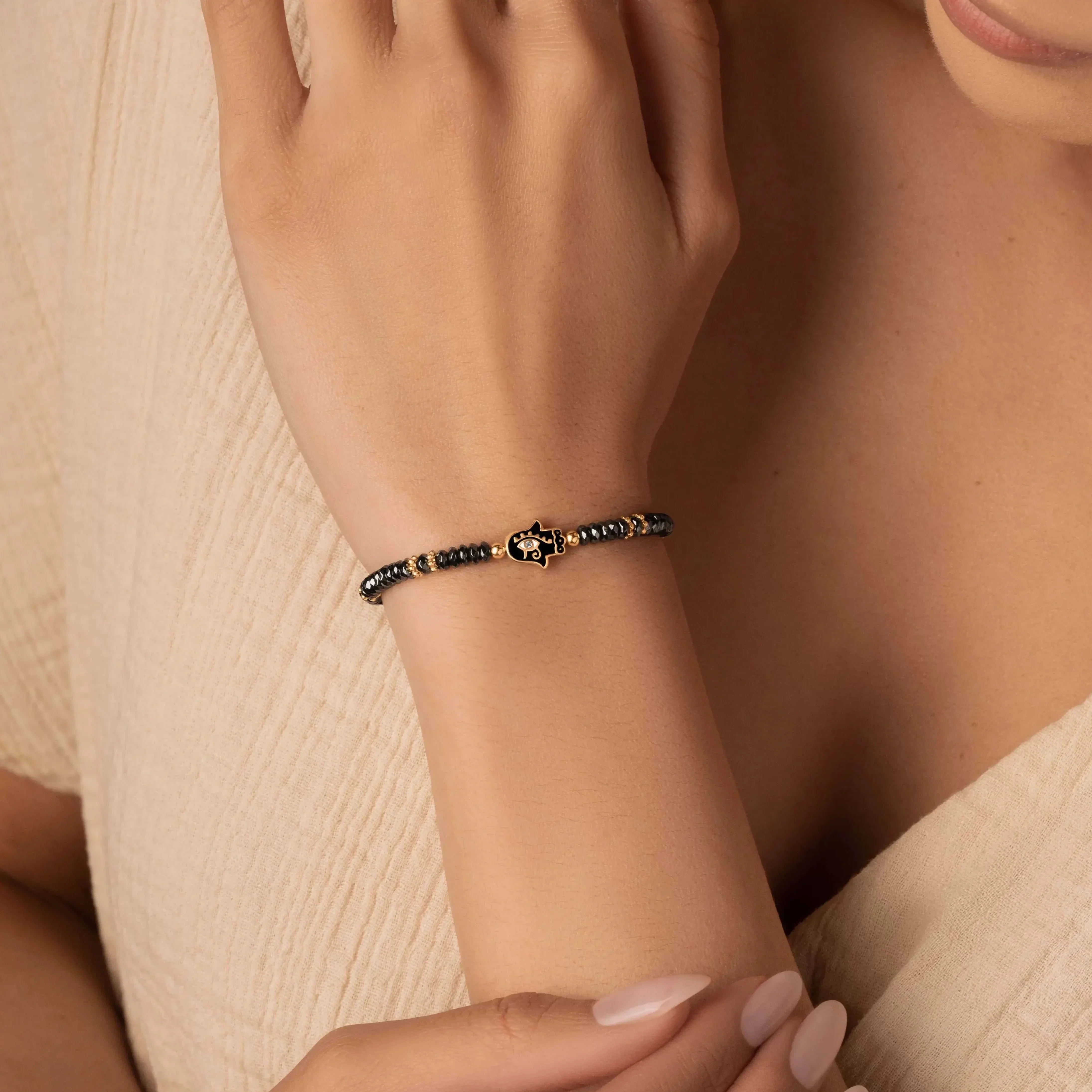 Intuitive Guardian Eye of Horus Hamsa Hematite Bracelet - Image 2