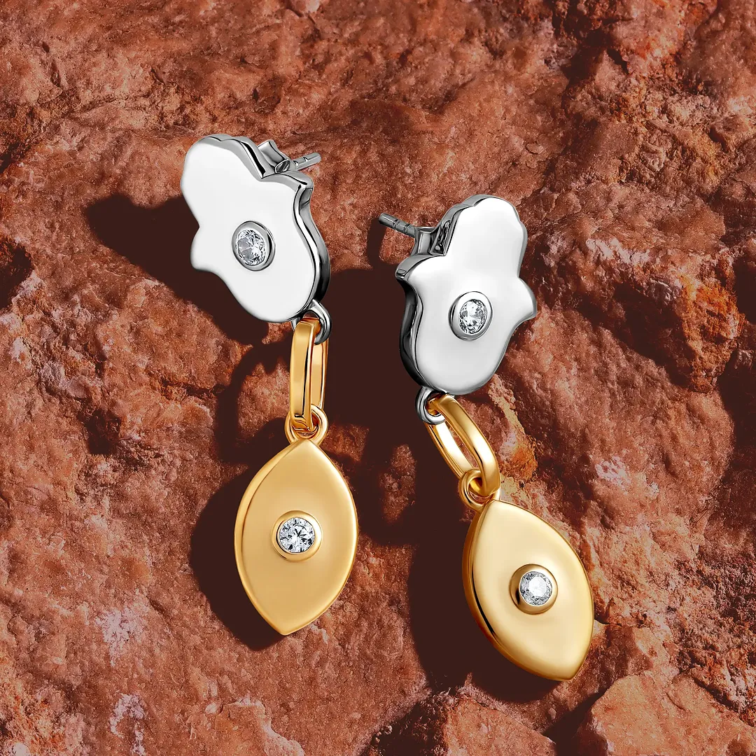 Luminous Protection Hamsa & Evil Eye Gold Earrings - Image 4