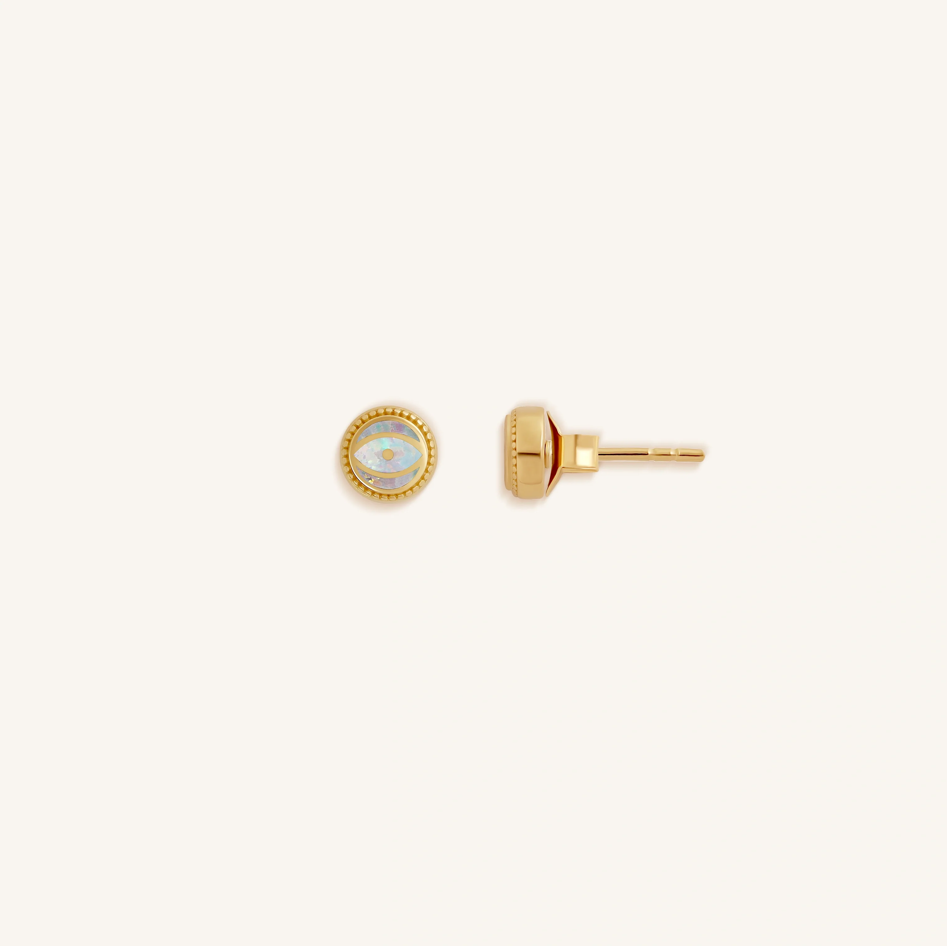 Luminous Shield Opal October Birthstone Evil Eye Gold Stud Earrings - Image 4