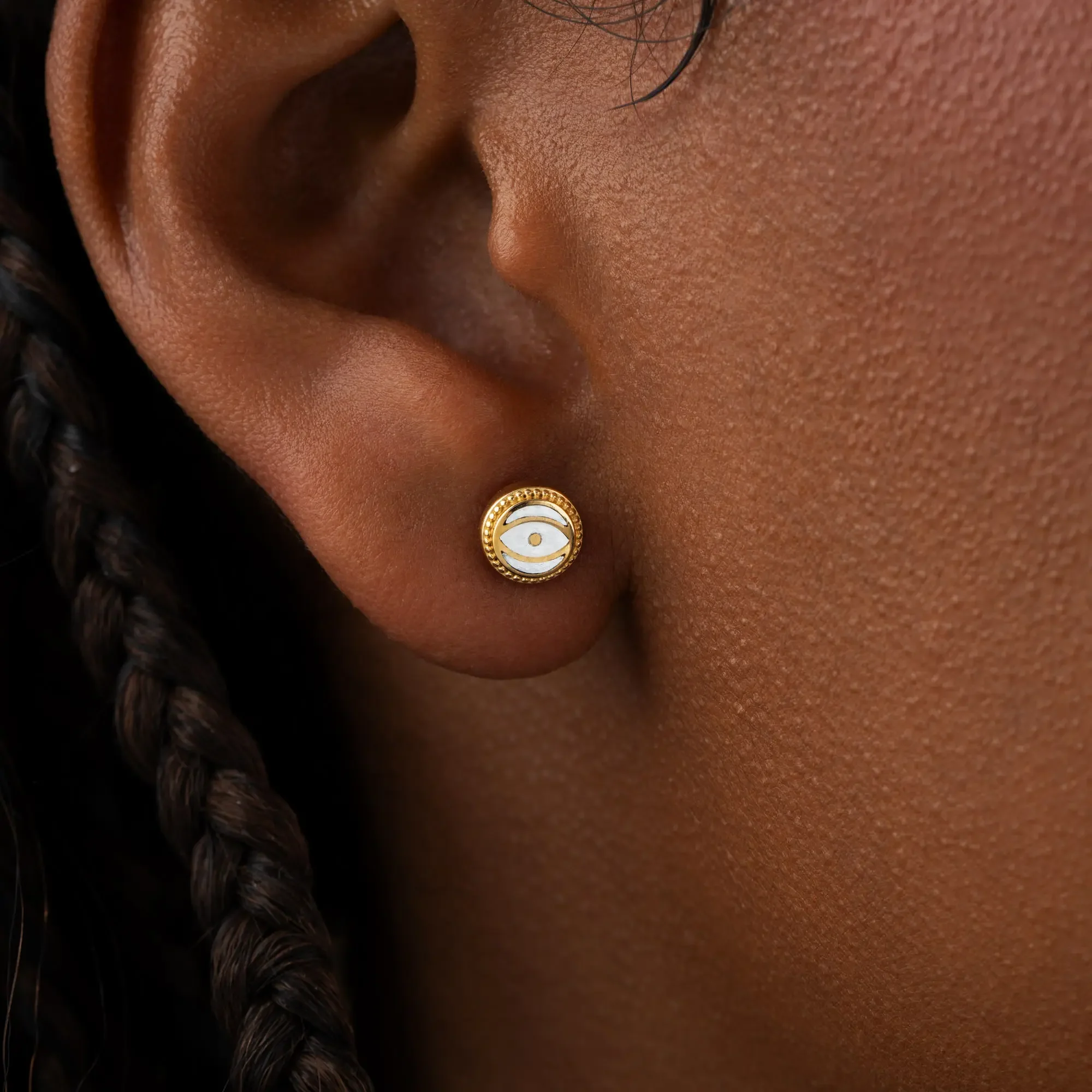 Luminous Shield White Quartz April Birthstone Evil Eye Gold Stud Earrings - Image 2