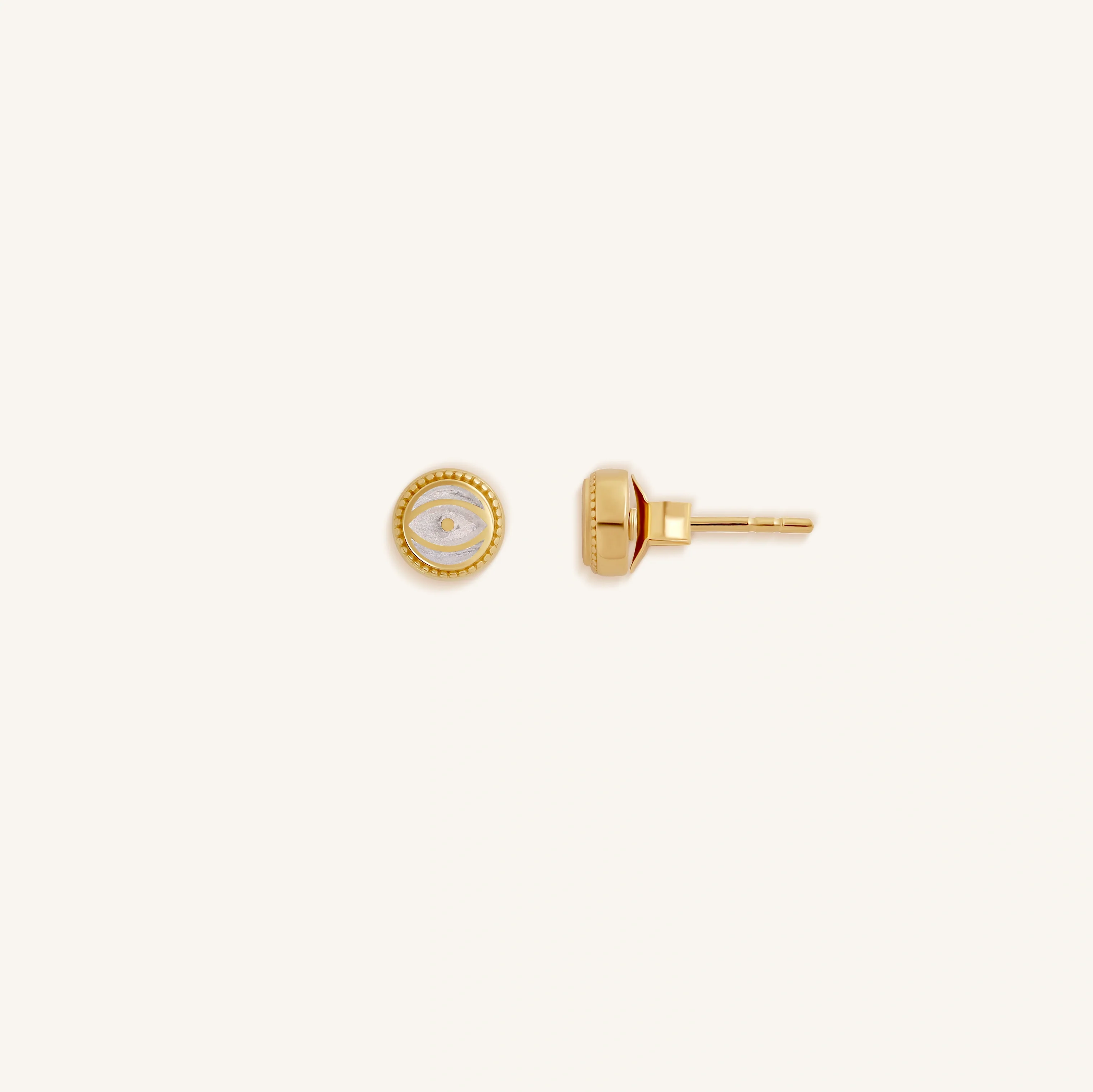 Luminous Shield White Quartz April Birthstone Evil Eye Gold Stud Earrings - Image 3