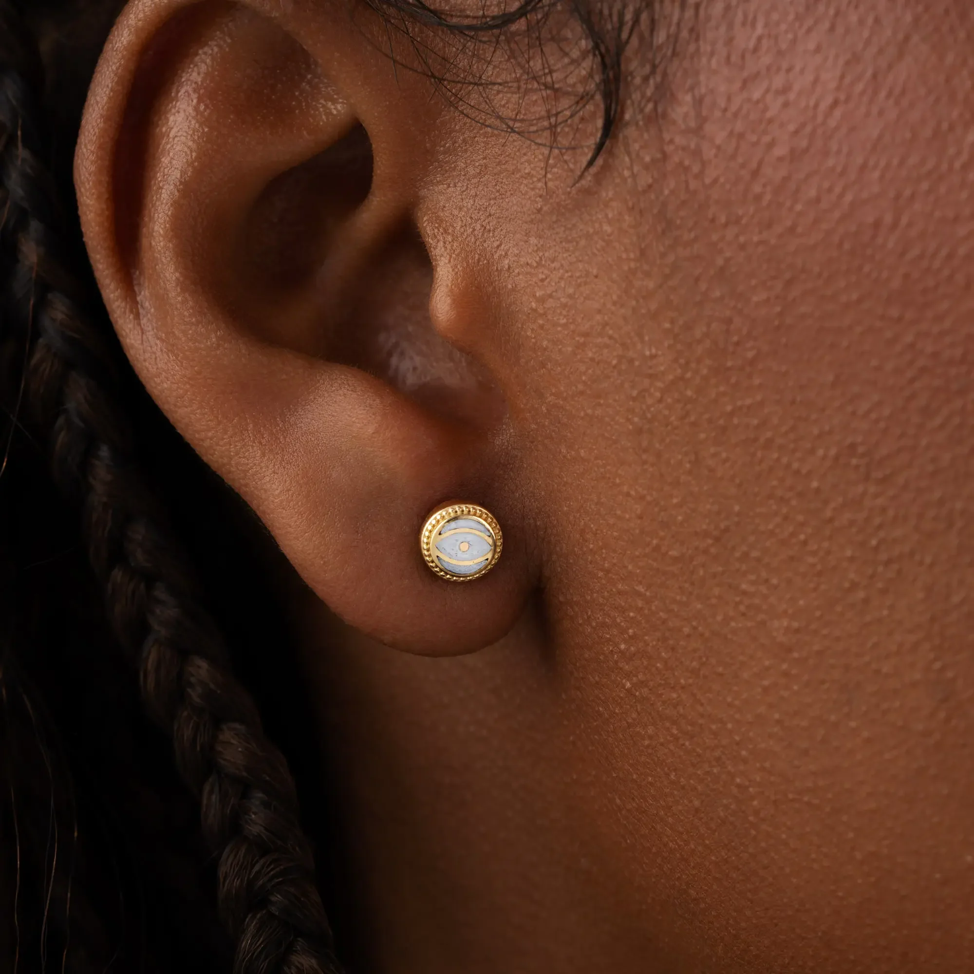 Lunar Sentinel Moonstone June Birthstone Evil Eye Gold Stud Earrings - Image 2