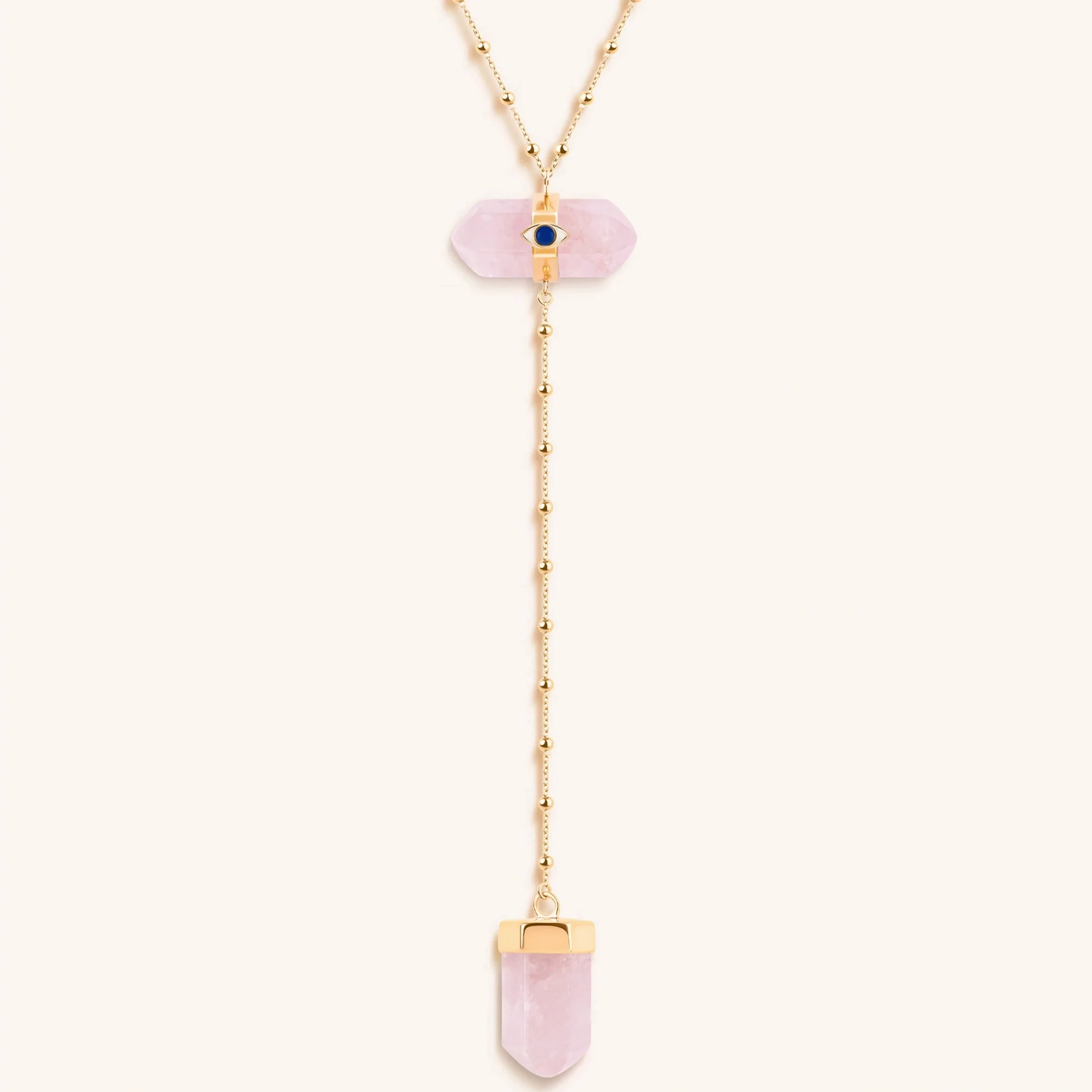Open Hearted Gold Rose Quartz Evil Eye Double Pointer Necklace
