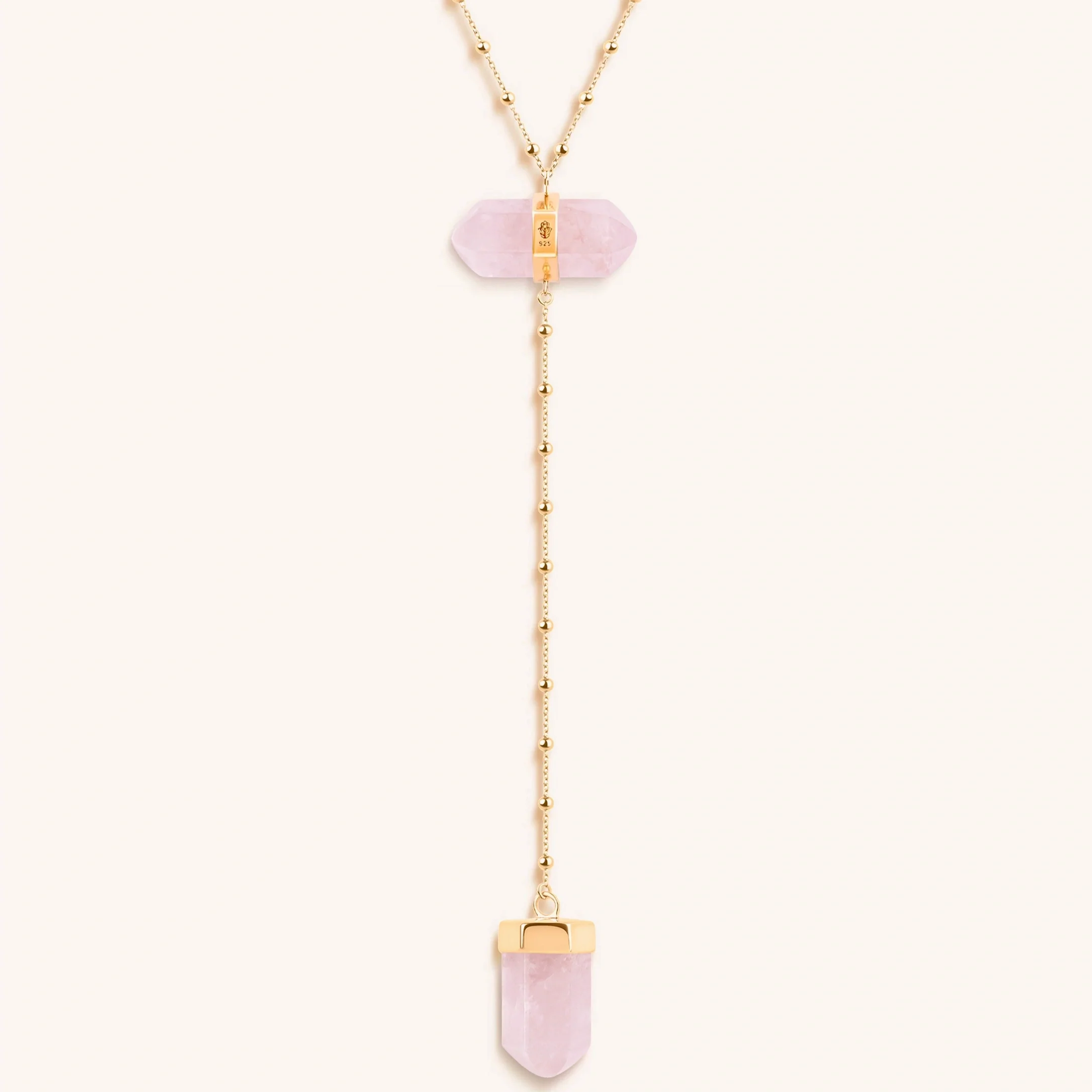 Open Hearted Gold Rose Quartz Evil Eye Double Pointer Necklace - Image 3