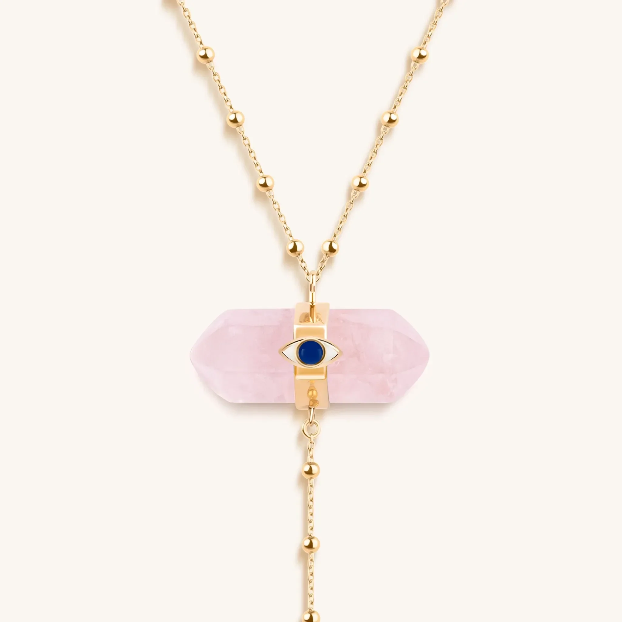 Open Hearted Gold Rose Quartz Evil Eye Double Pointer Necklace - Image 4