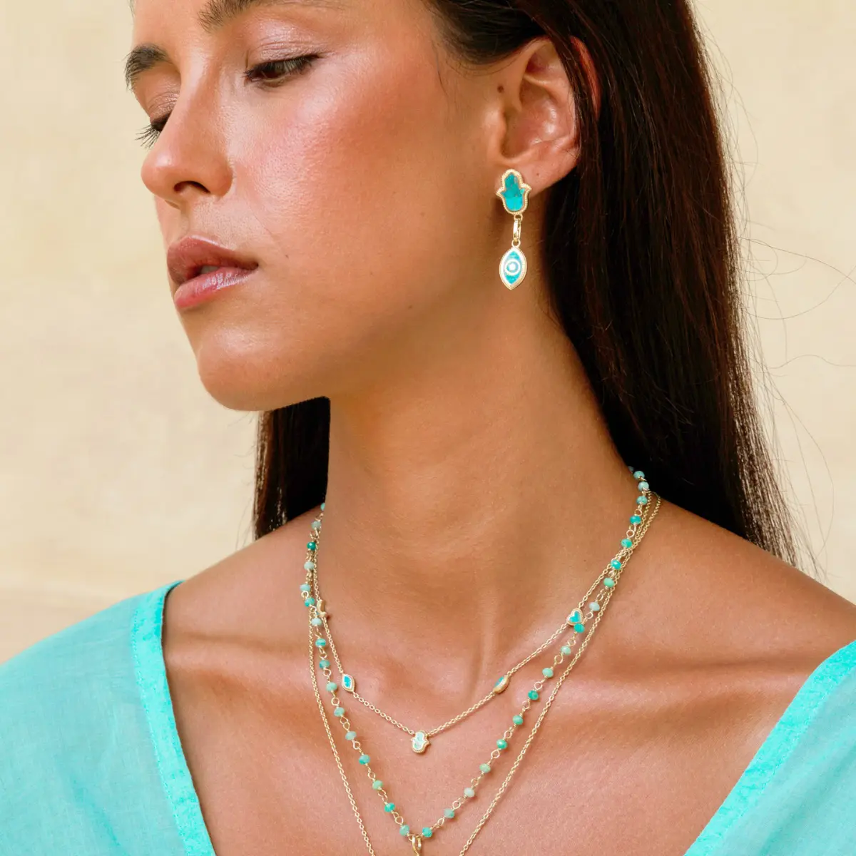 Peaceful Mindset Turquoise Evil Eye & Hamsa Gold Earrings - Image 4