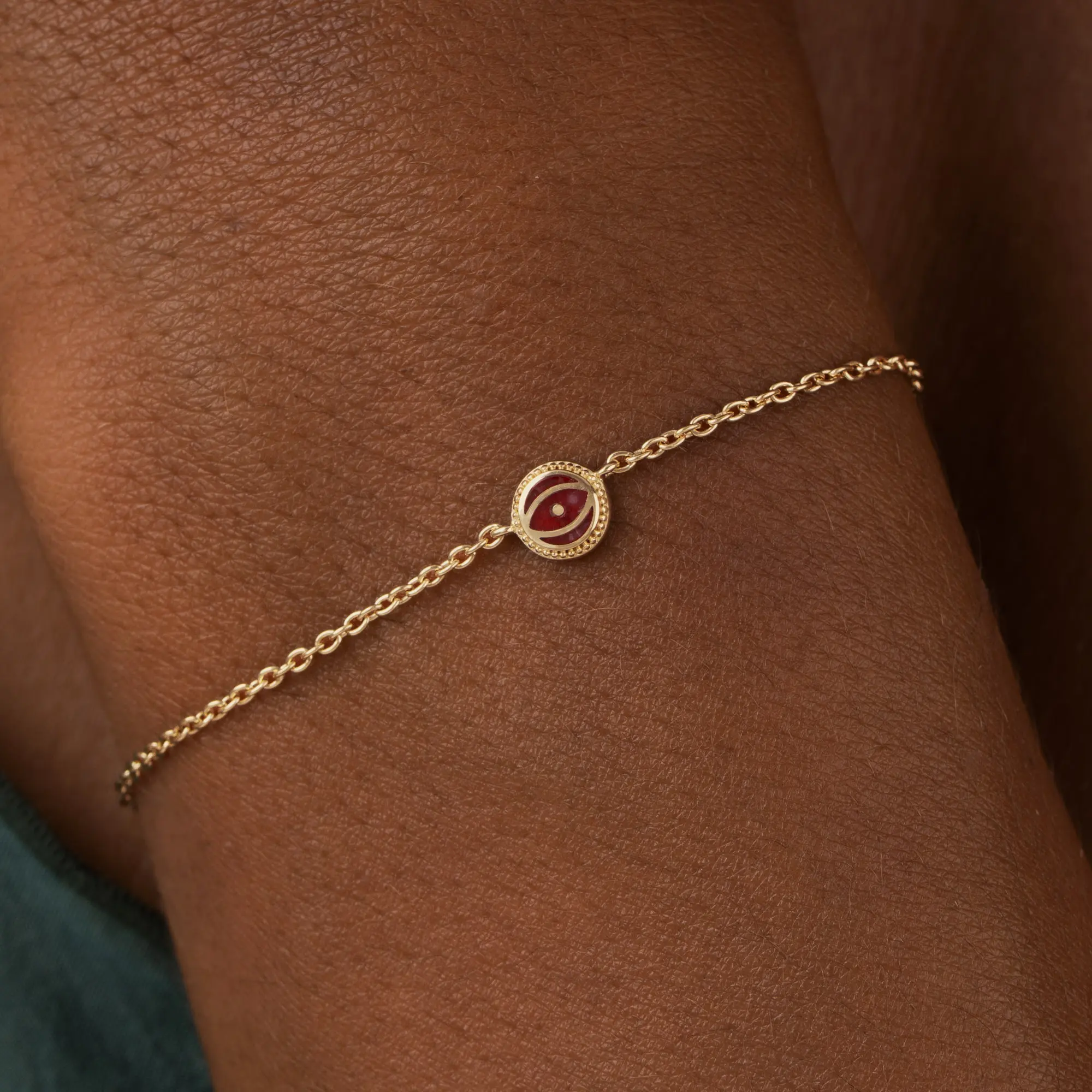 Radiant Guardian Ruby Jade July Birthstone Evil Eye Gold Bracelet - Image 2