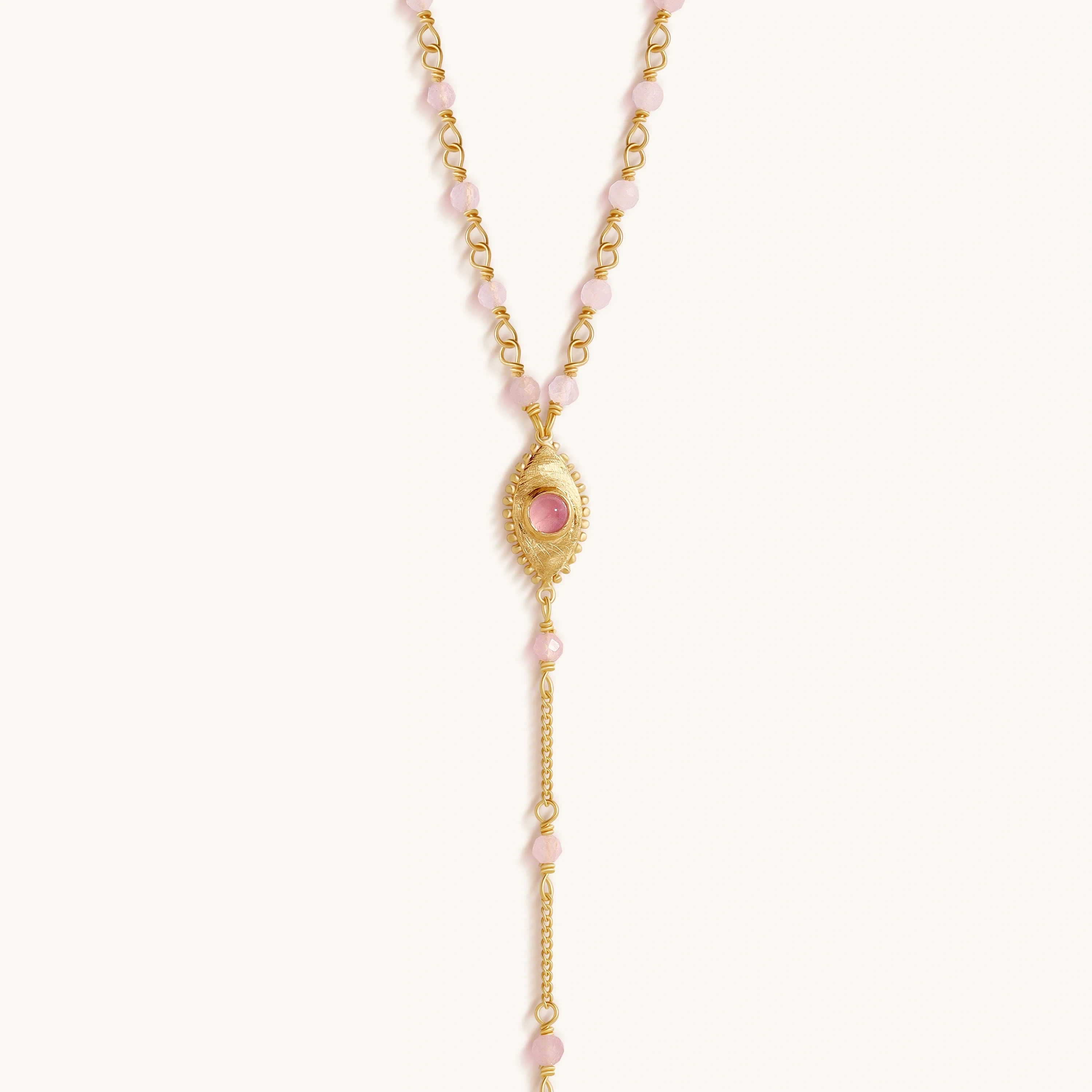 Heart of Serenity Rose Quartz Evil Eye Hamsa Lariat Necklace - Image 2