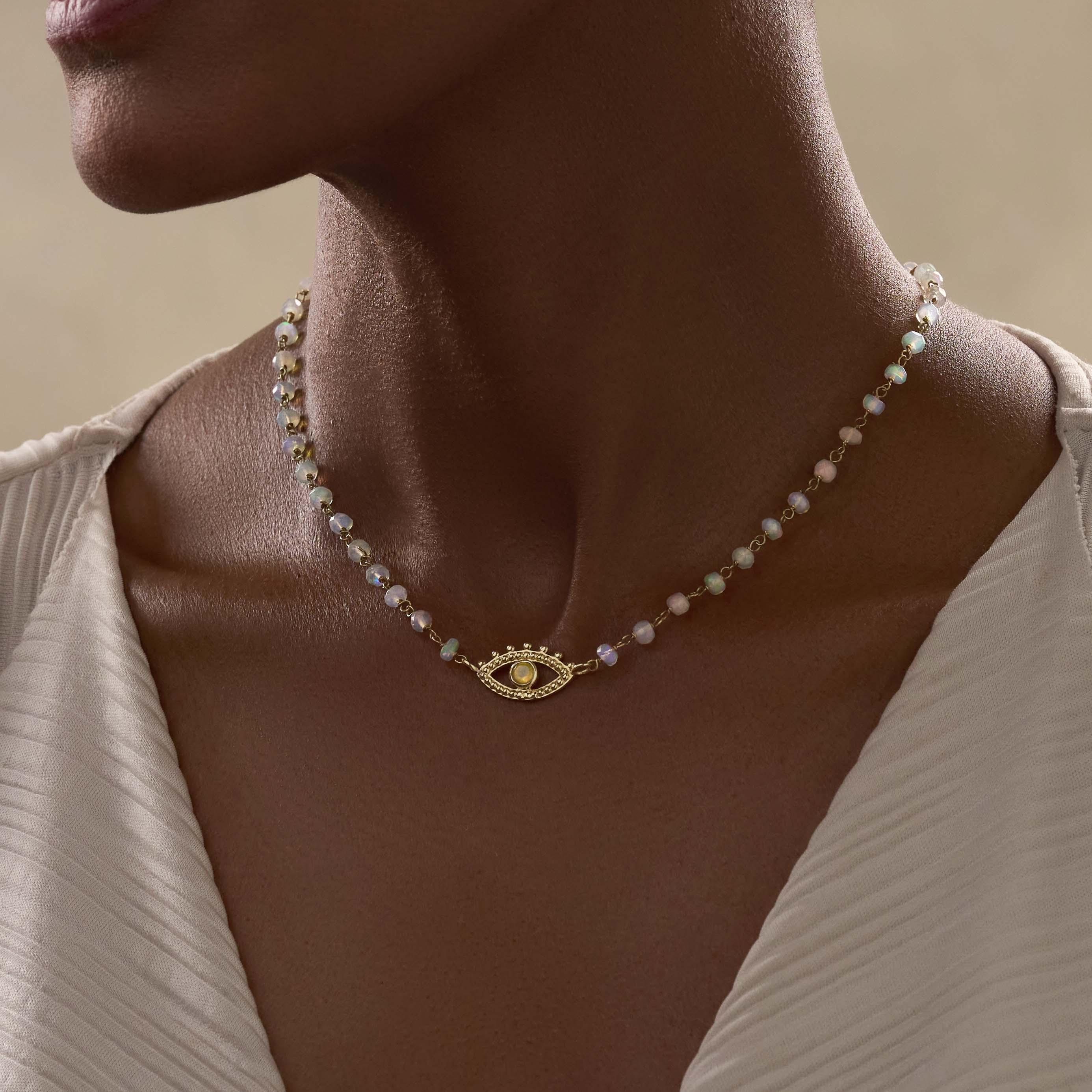 Endless Journey 14K Gold Ethiopian White Opal Evil Eye Necklace - Image 4