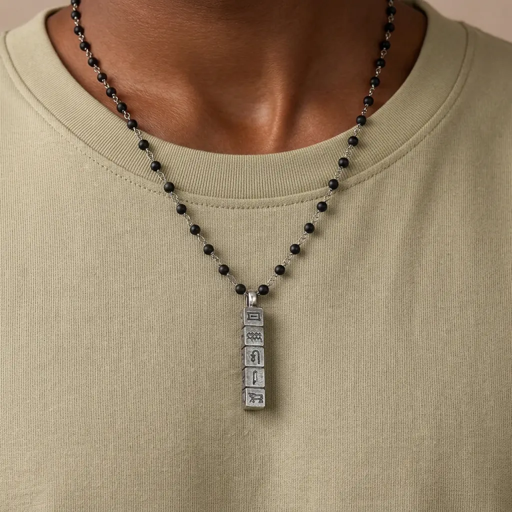 Timeless Legacy Wood Hieroglyphics Charm Silver Necklace - Image 2