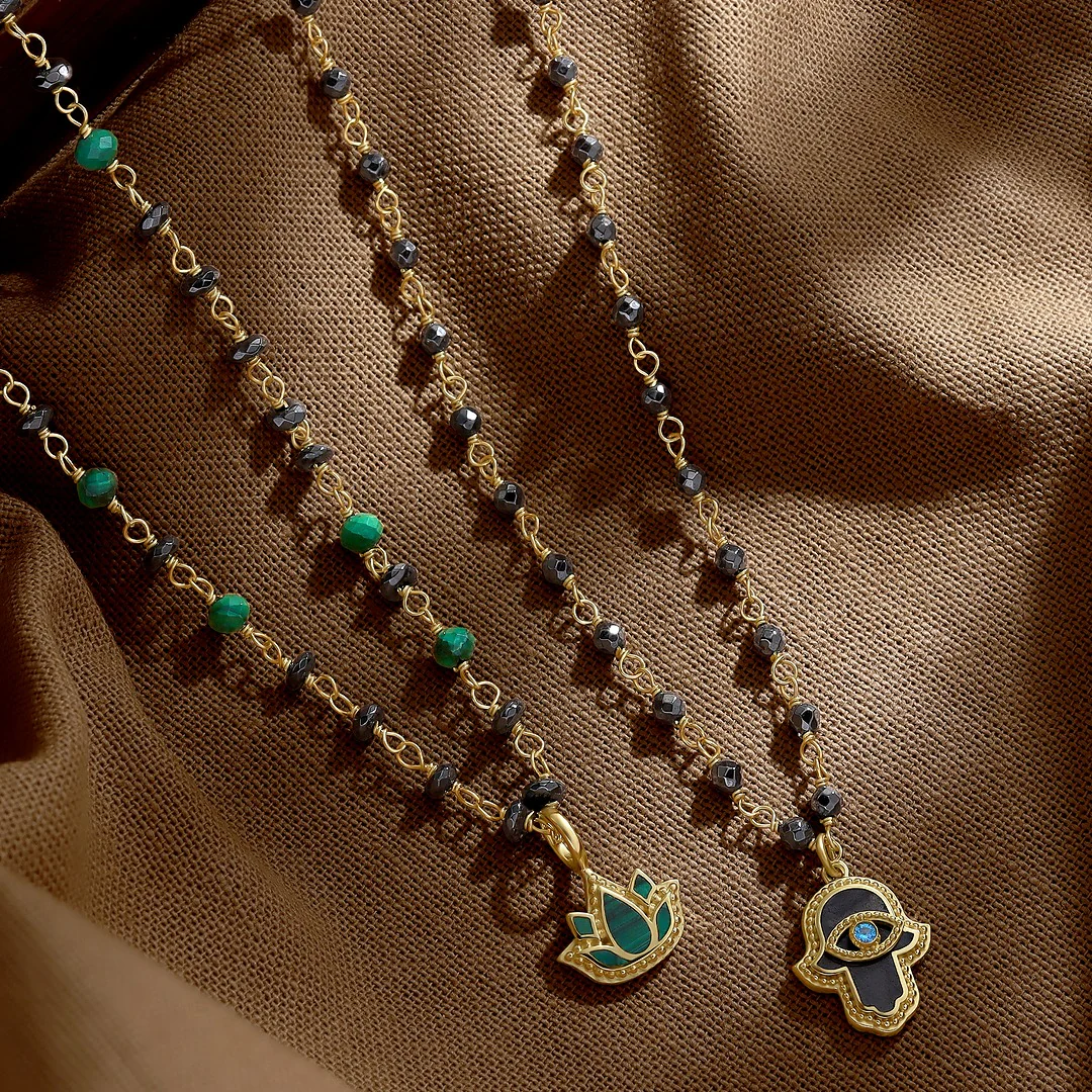 Tranquil Bloom Lotus Hematite & Malachite Necklace - Image 3