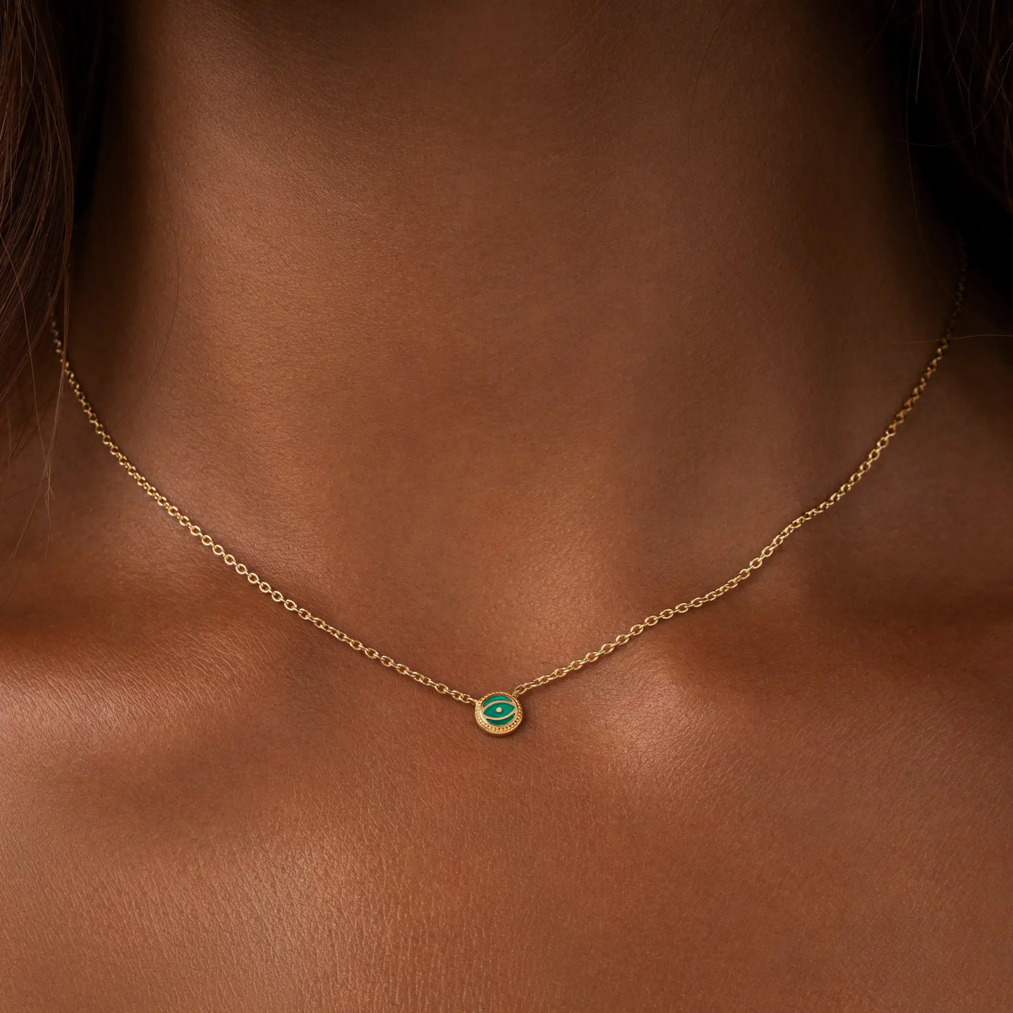 Verdant Guardian Emerald Agate May Birthstone Evil Eye Gold Necklace - Image 2