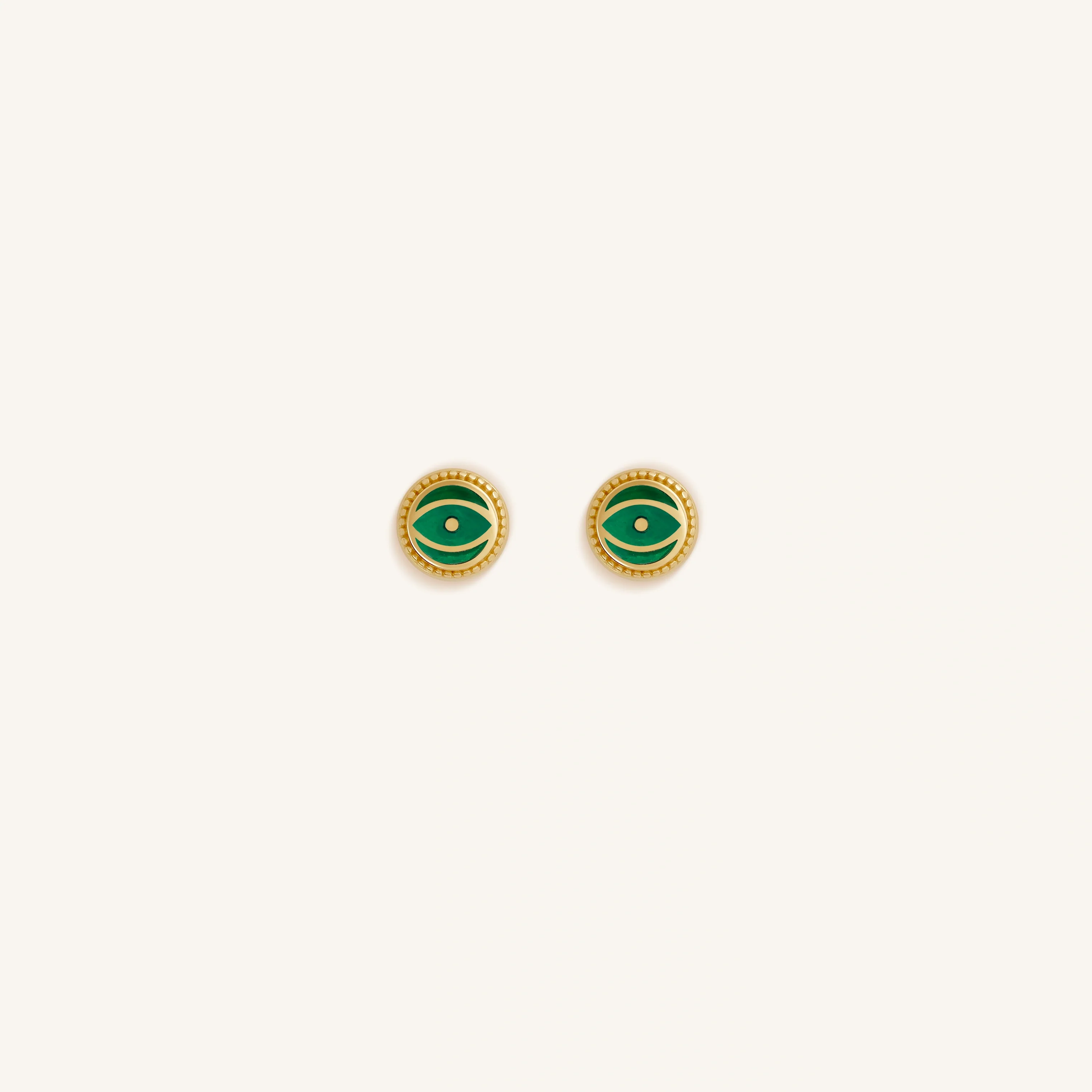 Verdant Guardian Emerald Agate May Birthstone Evil Eye Gold Stud Earrings