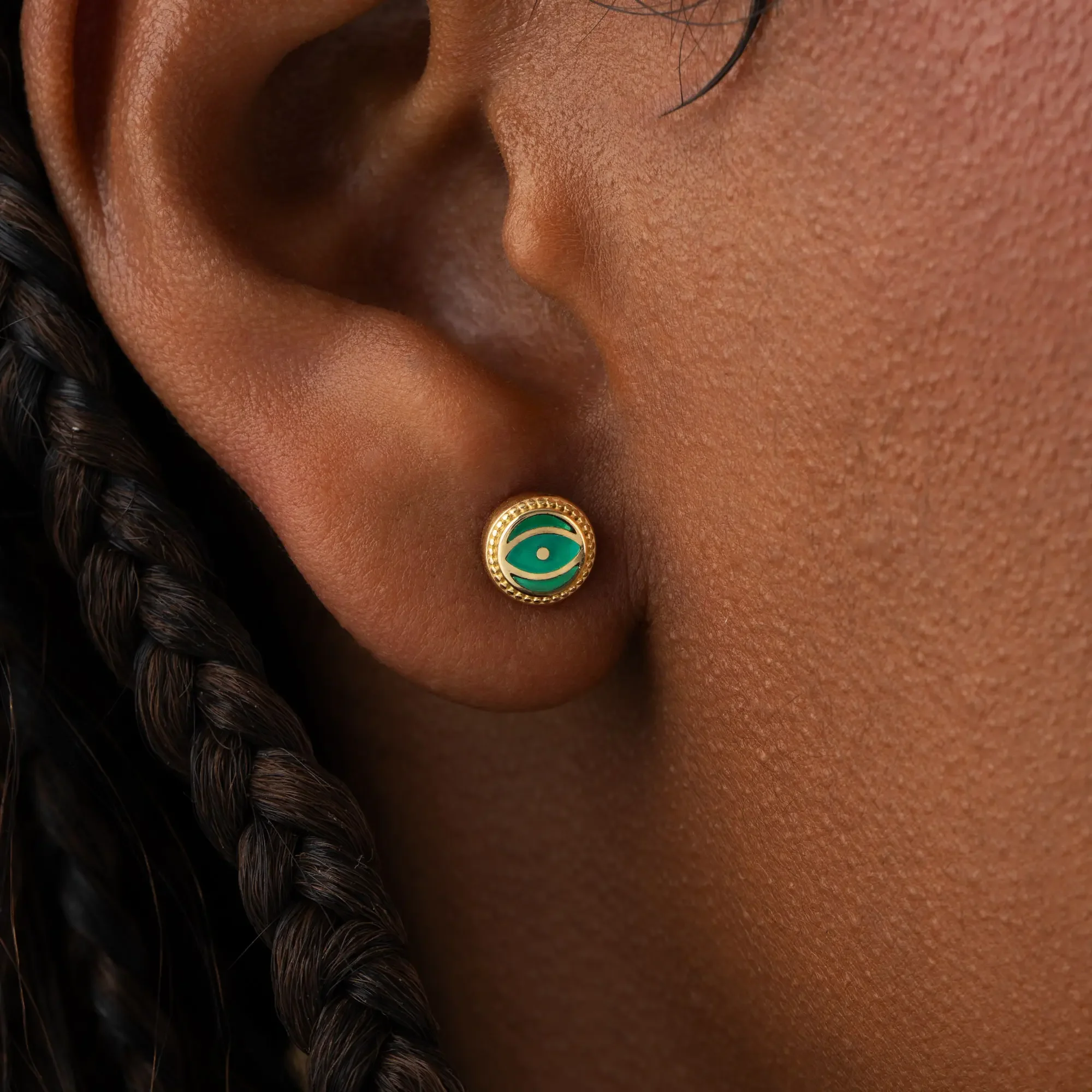 Verdant Guardian Emerald Agate May Birthstone Evil Eye Gold Stud Earrings - Image 2
