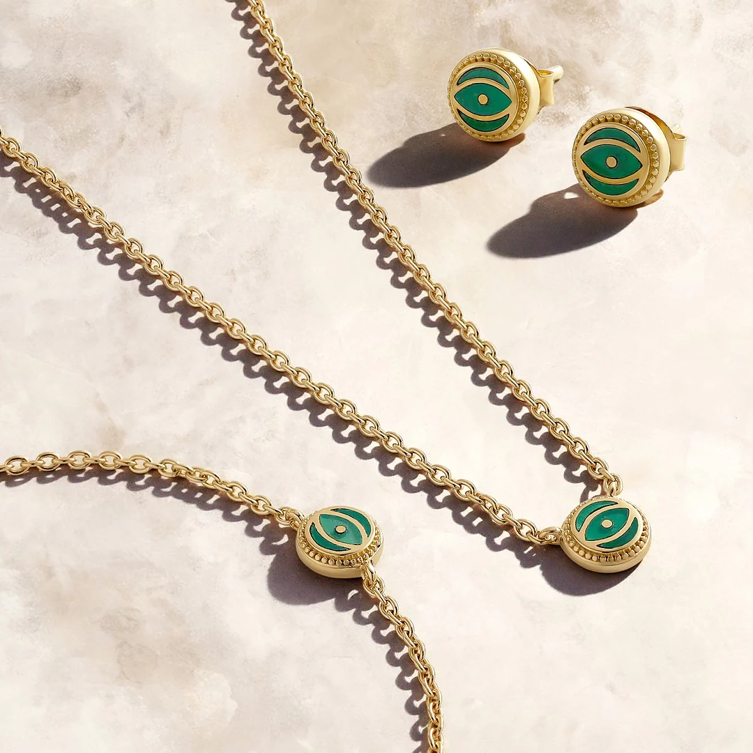 Verdant Guardian Emerald Agate May Birthstone Evil Eye Gold Stud Earrings - Image 4
