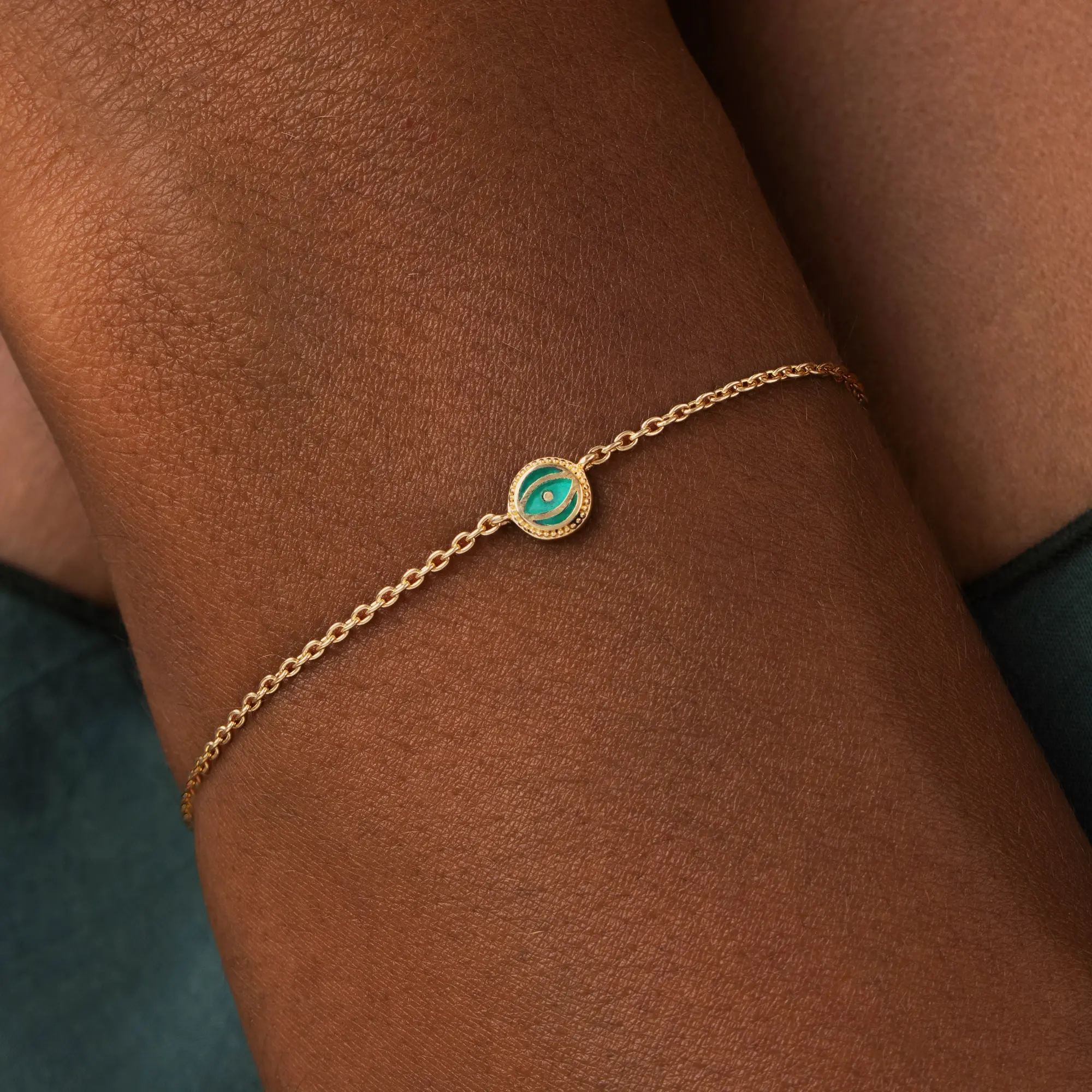 Verdant Guardian Emerald Agate May Birthstone Evil Eye Gold Bracelet - Image 2